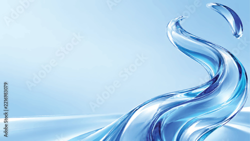 Rising Transparent Blue Glass Wave with Layered Flowing Ribbons and Floating Fragment on Soft Cyan Background