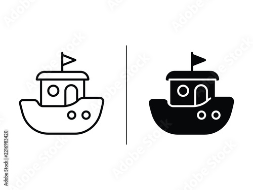 Simple black and white boat icon with flag