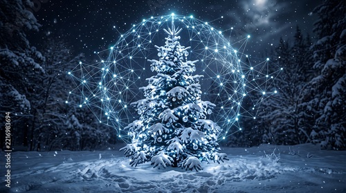 Glowing blue christmas tree with magical star light constellation in a dark winter night forest