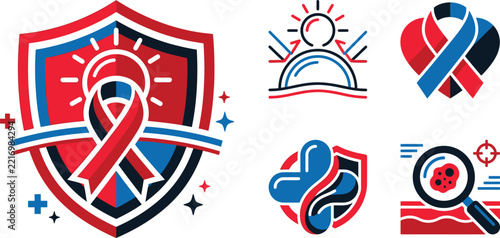 Medical healthcare protection and awareness emblems featuring shields suns ribbons and microscopic diagnostics symbols
