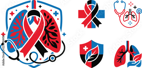 Medical lung cancer awareness symbols vector set featuring ribbons shields stethoscopes and foliage elements