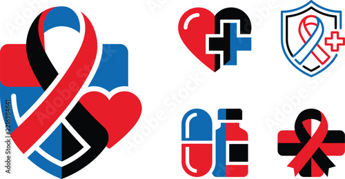 Set of medical awareness icons featuring ribbons shields hearts and pills isolated