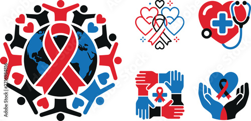 World aids day vector icons set featuring red ribbons earth globe and caring hands