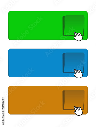 Set of dynamic CTA buttons with a computer mouse cursor hovering over the buttons, illustrating click interaction, online actions, website navigation and user engagement.