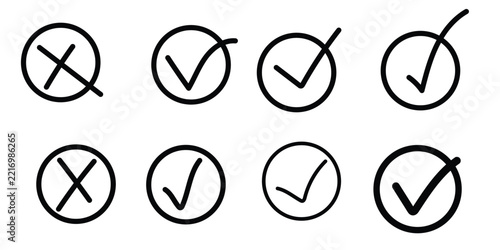 Hand Drawn Black Check Mark and Cross Icons in Circles Tick and X Symbol Set for Yes and No Buttons Vector Illustration