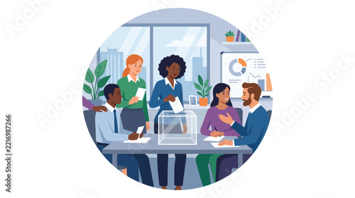 Diverse group of professionals voting in an office election or corporate decision meeting.