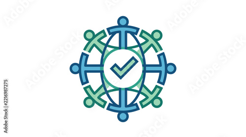 Democracy and community unity icon with people holding hands around a checkmark symbol.