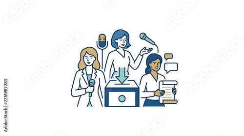 Diverse women voting and speaking at a democratic election event illustration