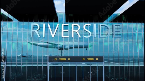 Airlane landing at Riverside, USA. Arrival in the city with reflection of airport and aircraft