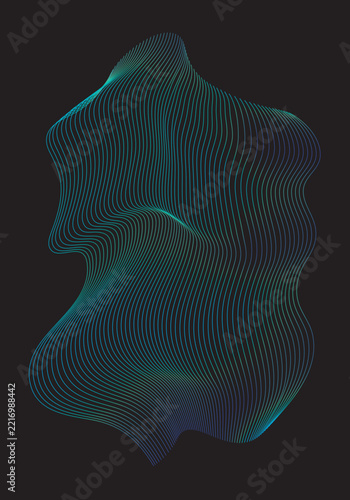 Abstract flowing line wave pattern with futuristic neon blue cyan gradient design on black background.