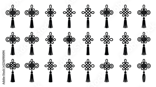 Traditional chinese knot vector symbols set featuring various decorative braided loop tassel icons