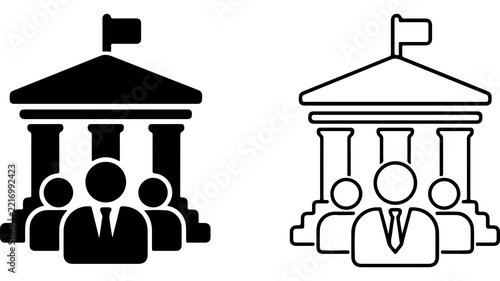 Government Building and People Icons in Silhouette and Outline Vector Style