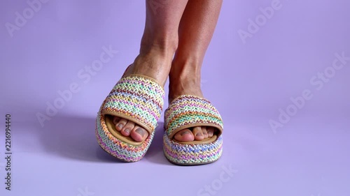 Woman Modeling Colorful Woven Platform Slide Sandals Studio Shot