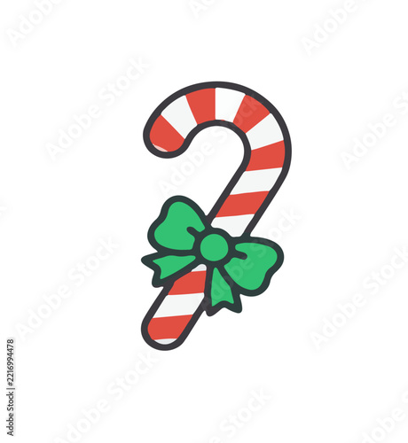 Colorful Flat Line Art Christmas Candy Cane with Bow Vector Icon Representing Festive Winter Sweet Graphic UI Asset