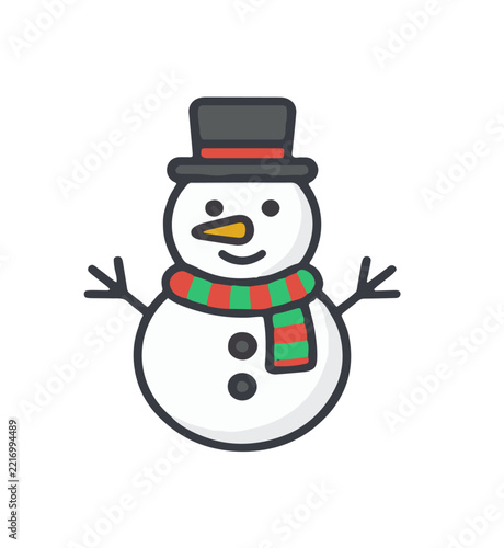 Colorful Flat Line Art Classic Winter Snowman Vector Icon Representing Festive Christmas Holiday Graphic UI Design Asset
