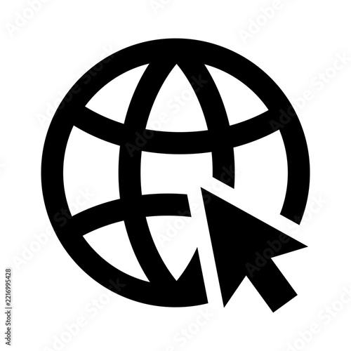 Globe icon with computer mouse cursor pointer, simple web navigation symbol for internet browsing and online connectivity