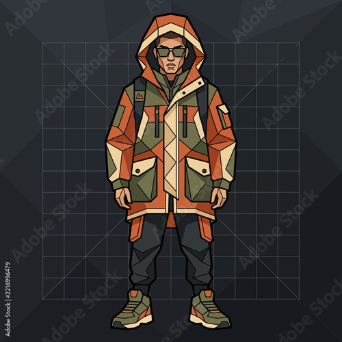 Futuristic urban explorer in stylish outdoor jacket, pixel art.