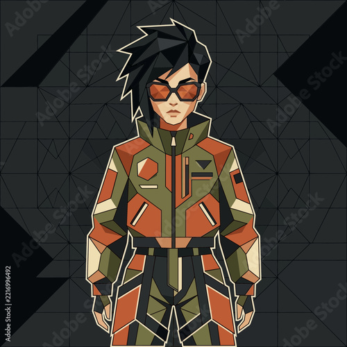 Geometric Cyberpunk Woman Avatar, Futuristic Fashion, Orange Jacket