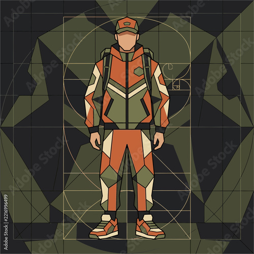 Geometric Camouflage Man with Golden Ratio Background