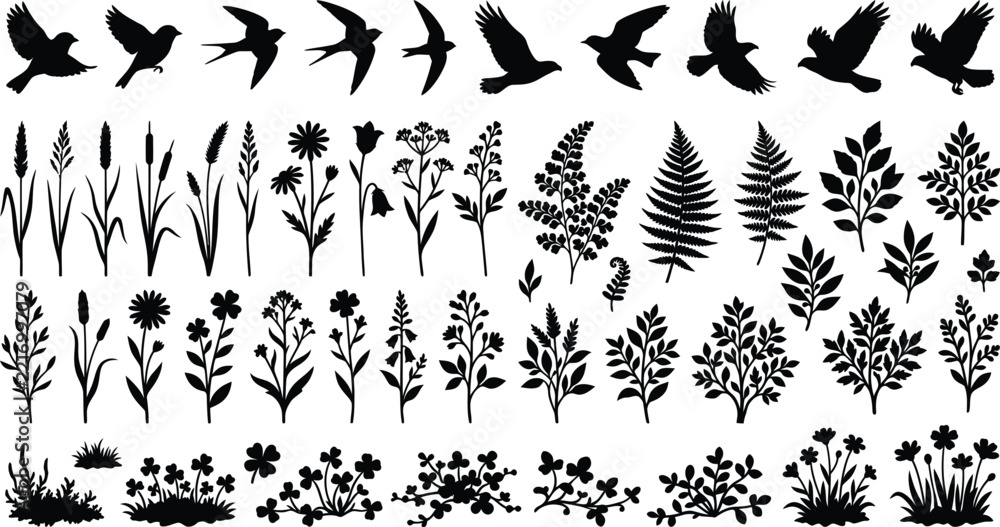 Fototapeta premium Botanical Bird and Plant Silhouette Collection for Nature Design Projects