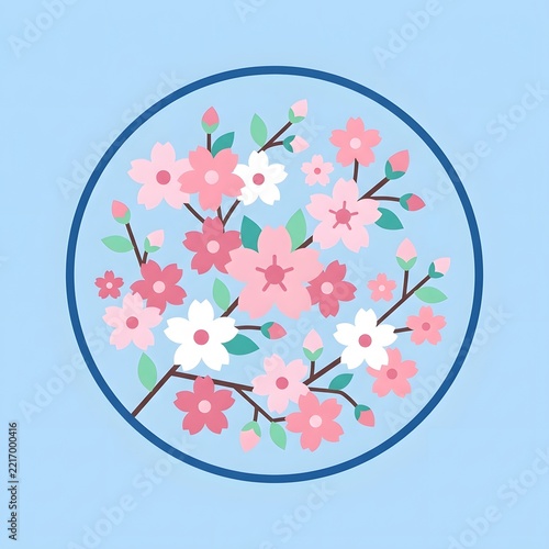 Minimalist Cherry Blossom Sakura Floral Circle Illustration