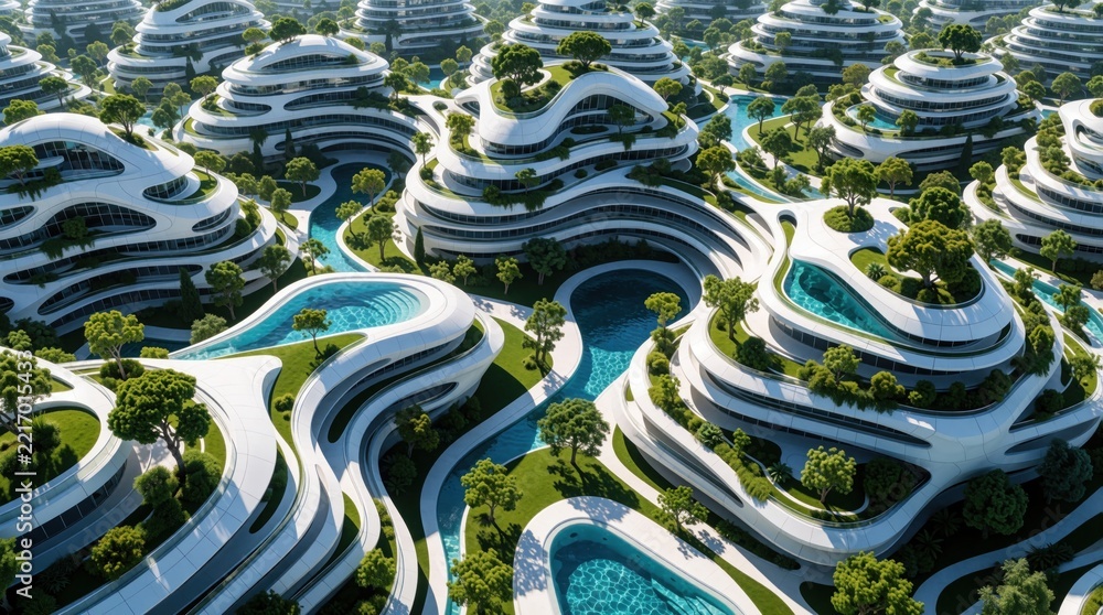 Fototapeta premium Aerial view of futuristic eco city with white organic architecture. Modern sustainable buildings feature green terraces, trees, blue swimming pools. Innovative urban planning shows organic layered