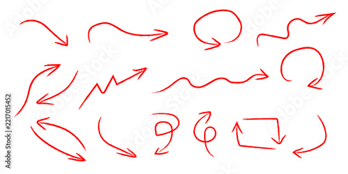 Collection of hand drawn red arrows and directional signs on a white background