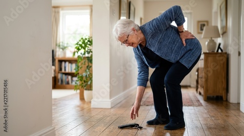 Elderly woman experiencing back pain bending down to pick up remote. Senior health issue