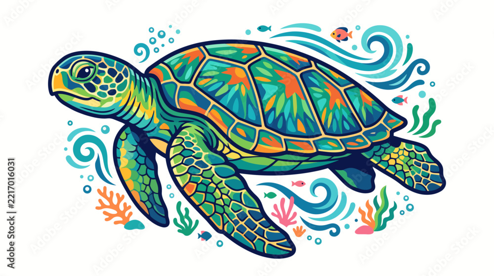 Fototapeta premium Colorful sea turtle swimming in ocean water