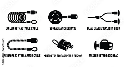 Black vector illustrations depict various computer security cables and locking mechanisms cable