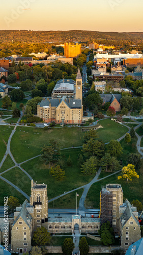 Ithaca, NY, USA - October 5, 2026 - Vertical aerial image of Cornell University Campus.