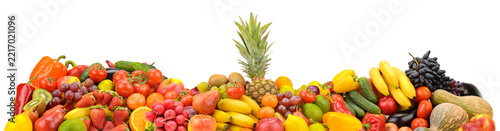 Large Variety of Fresh Raw Organic Vegetables and Tropical Fruits Banner Isolated on White Background with Free Copy Space