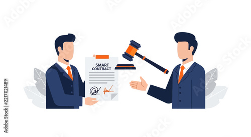 Smart Contract Digital Agreement Vector Illustration with Businessmen and Judge Gavel for Legal Technology and Blockchain Law Concepts