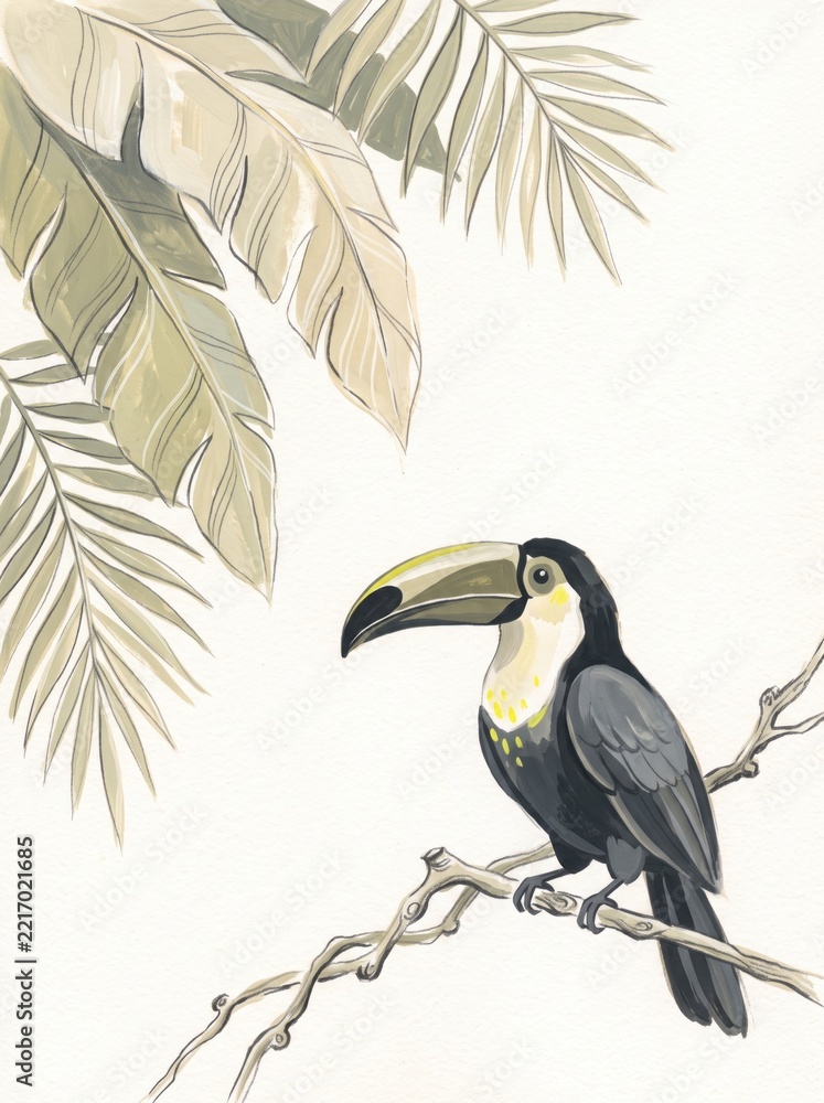 Fototapeta premium Gouache Toucan on Tropical Foliage. AI generative 
