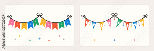 Set of colorful party bunting flags and festive confetti elements for celebration and holiday decoration