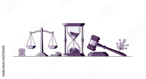 Legal and Financial Illustration with Scales of Justice Hourglass and Gavel