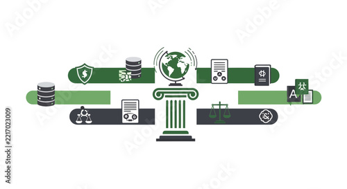 Global Business and Legal Foundation Infographic with Pillar, Globe, and Financial Icons