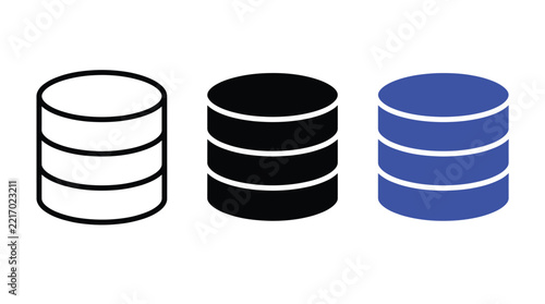 Set of database server icons in outline, solid black, and blue styles, representing data storage, cloud computing, information management, and technology
