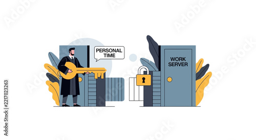 Work-Life Balance Concept with Personal Time Key and Locked Work Server