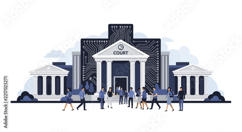 Digital Justice and Legal Technology Concept Illustration with Courthouse and Circuit Board