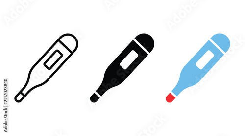 Set of digital thermometer icons, representing medical health check, fever measurement, or healthcare, in outline, solid, and colored vector styles