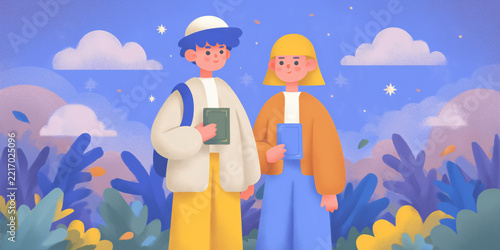 A boy and a girl standing side by side with a book and a bag, under a starry sky with fluffy clouds and plants