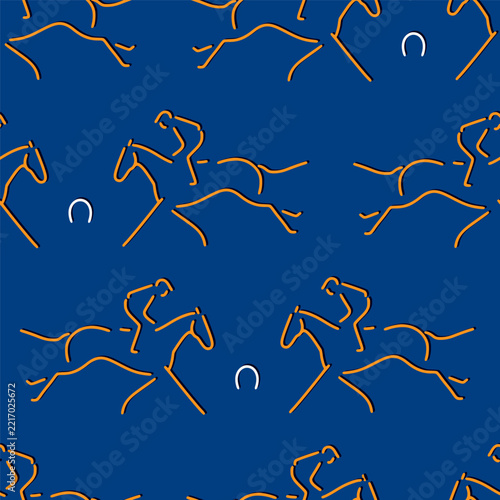 Seamless equestrian pattern with horse rider jumping, horseshoe symbols and orange line art on blue background