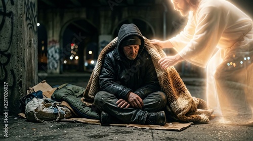 Homeless man sitting under concrete bridge receiving comfort from luminous figure
