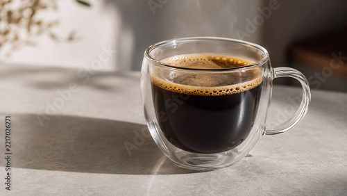 Fresh Hot Black Coffee in Clear Double Walled Glass Mug with Crema and Steam