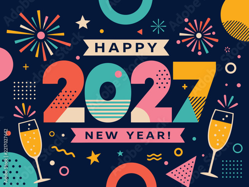 New Year 2027 Champagne Glass with Bubbles and Colorful Confetti on a Dark Blue Abstract Background