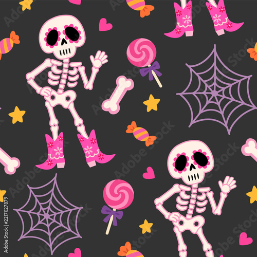 Cute Halloween skeleton seamless pattern with candy and spider webs.