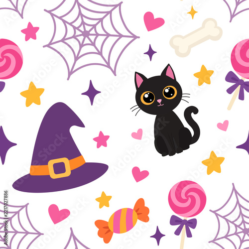 Cute Halloween seamless pattern with black cat, witch hat and candy.