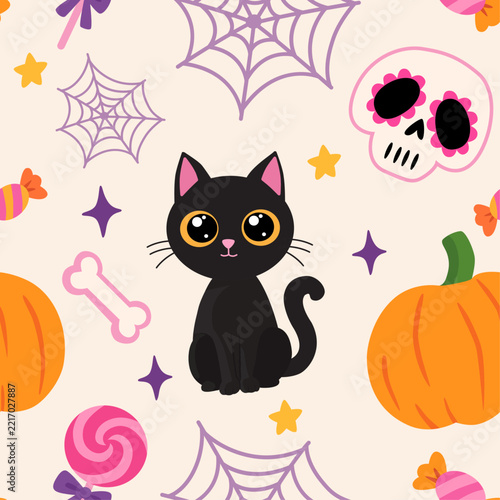 Cute Halloween seamless pattern with black cat and pumpkins.
