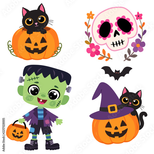Cute Halloween character clipart set with pumpkin, black cat, skull and frankenstein.